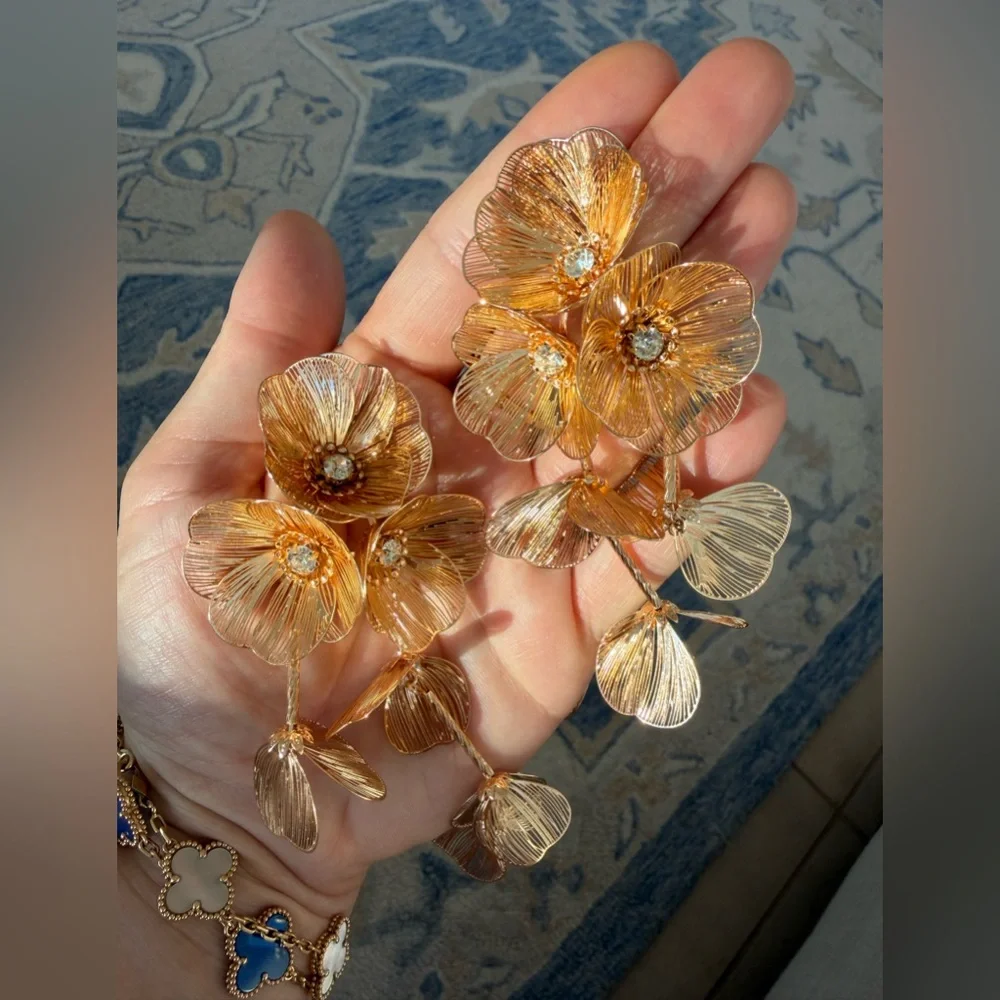 Anthropologie Gold Floral Drop Earrings - Picture 3 of 10